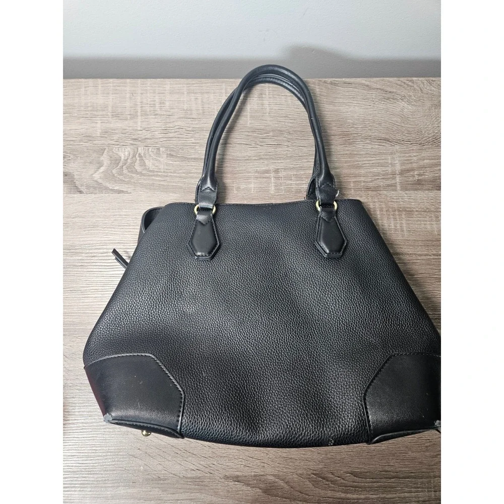 Nine West Black Pebbled Faux Leather Satchel Handbag Gold Hardware Work Tote
